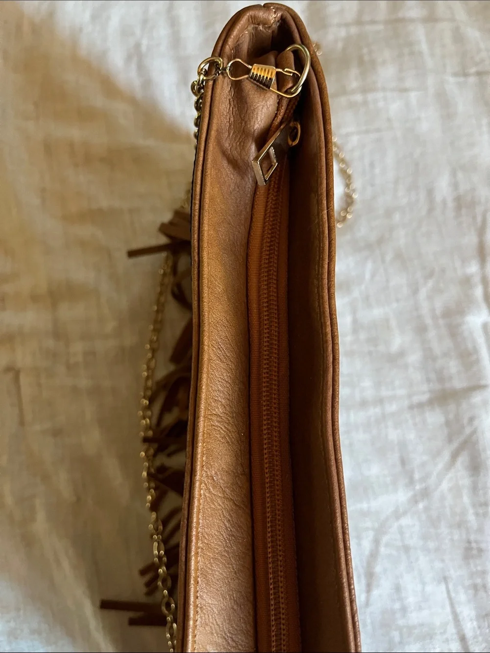 Faux Leather Fringe Crossbody Bag with Embroidered Trim, Like New - Picture 6 of 7